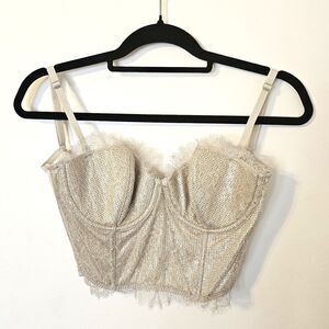 Victoria's Secret Dream Angels Bra Top Gold Shimmer Foil Eyelash Lace Overlay